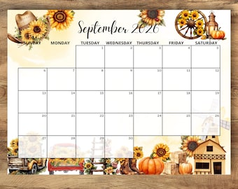 Zonnebloemkalender september 2026, herfstplanner afdrukbare, bewerkbare pdf, maandschema (directe download)