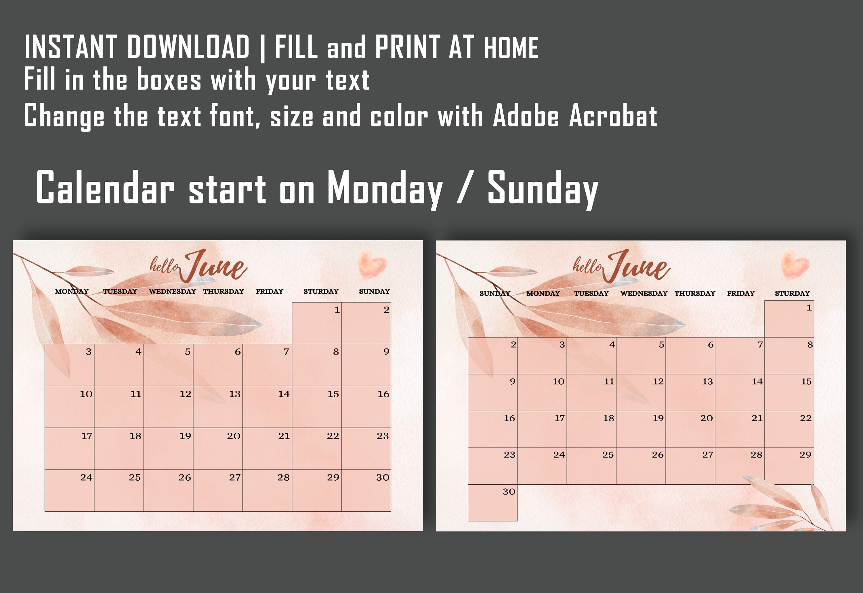 EDITABLE June 2024 Calendar, June 2024 Printable Calendar, Printable ...