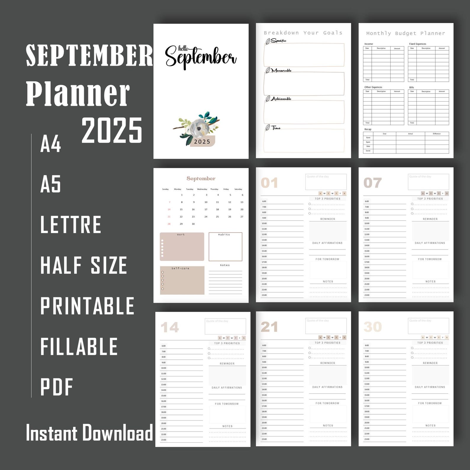 EDITABLE September 2025 Planner Calendar, Printable Monthly Schedule ...