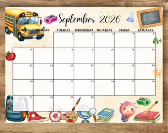 Bewerkbare kalender september 2026, terug naar school kalender, afdrukbare planner, maandelijks schema voor kinderen thuiswerk kantoor, Instant Download