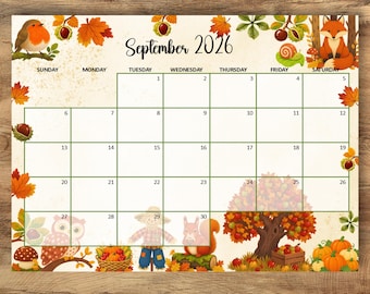 Calendrier de septembre 2026, agenda d'automne modifiable, emploi du temps mensuel pour enfants (téléchargement instantané)