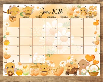 BEWERKBARE kalender juni 2026, schattige bijen met beer kalender, afdrukbaar maandschema voor kinderen School thuiswerk kantoor, Instant Download
