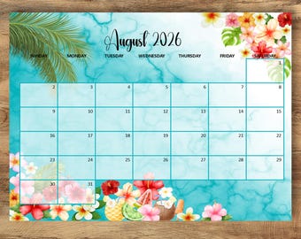 Calendario de playa de agosto de 2026, planificador mensual tropical (descarga digital)