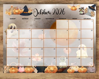 Calendrier d'Halloween octobre 2026, agenda d'automne effrayant, illustrations à l'aquarelle (téléchargement numérique)