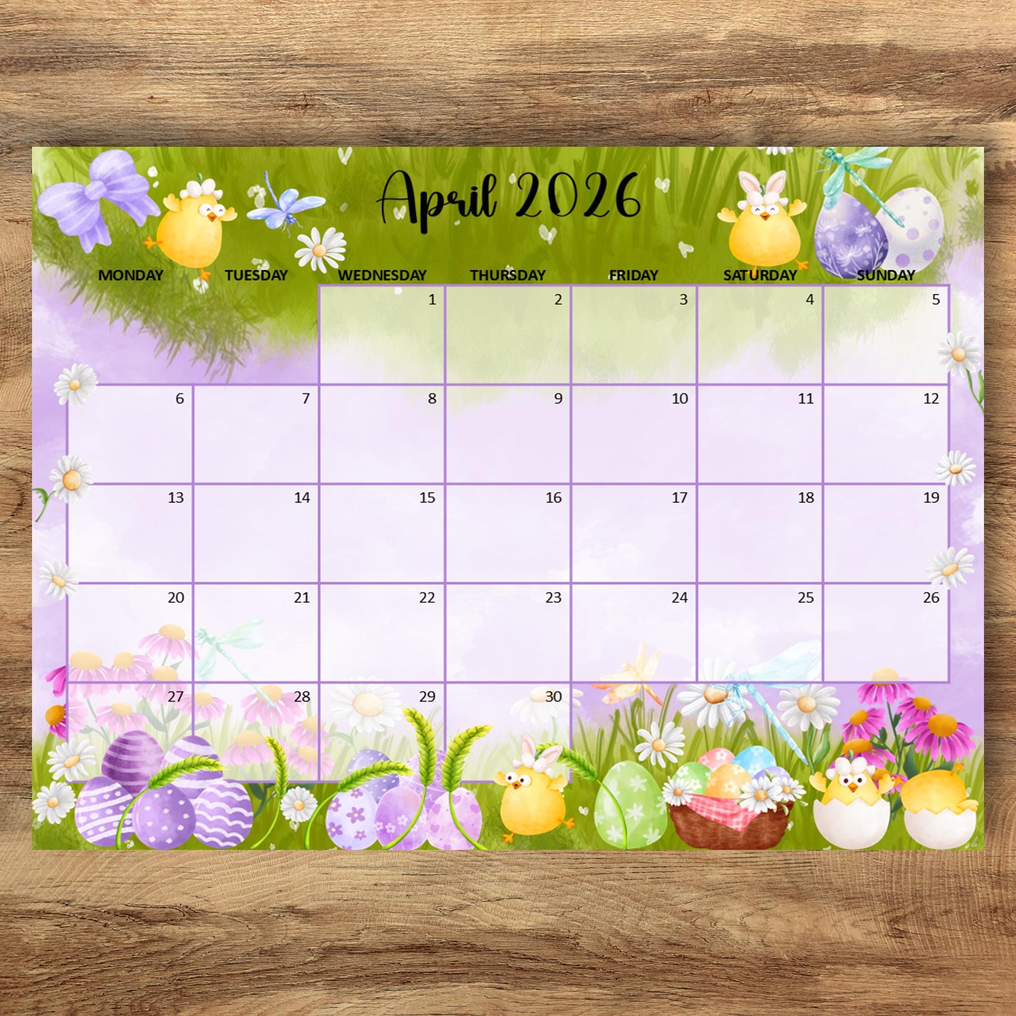 Editable April 2026 Easter Calendar, Happy Spring Colorful Eggs ...