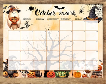 Calendrier d'Halloween modifiable pour octobre 2026, agenda mensuel effrayant (téléchargement numérique)
