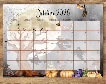 Calendrier d'Halloween octobre 2026, agenda aquarelle effrayant (téléchargement PDF)