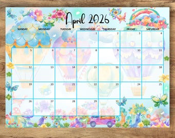 Calendario di aprile 2026 modificabile, felice primavera con una simpatica mongolfiera, programma mensile per bambini, scuola, lavoro e casa, download immediato