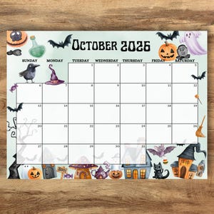 October Calendar 2026 Editable Pdf, Spooky Halloween Kids Planner, Monthly Schedule, Instant Download