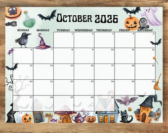 Calendrier d'octobre 2026 (PDF modifiable), agenda d'Halloween pour enfants, planning mensuel, téléchargement instantané