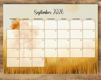 Calendrier de septembre 2026, agenda d'automne, emploi du temps pour l'école à la maison (téléchargement instantané)
