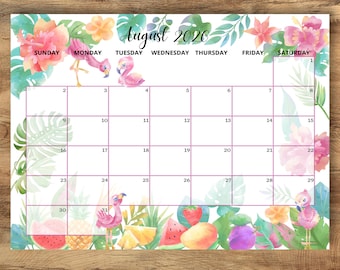 Afdrukbare kalender augustus 2026, tropische flamingo planner (direct downloaden)
