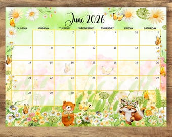 BEWERKBARE kalender juni 2026, zomerplanner voor juni 2026, afdrukbare maandkalender voor kinderen, school thuiskantoor, direct downloaden