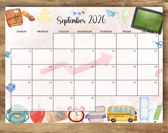 Calendrier de septembre 2026, agenda de rentrée scolaire, PDF modifiable, emploi du temps mensuel pour l'école à la maison (téléchargement instantané)