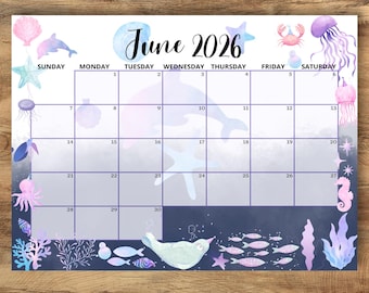 Calendario editable de junio de 2026, calendario de verano con un lindo mar, calendario mensual imprimible para niños, escuela, hogar, oficina, trabajo, descarga instantánea.