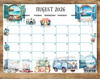BEWERKBARE kalender augustus 2026, ontspannende zomerkalender, Blue Beach augustus planner, afdrukbare kalender, maandschema, Instant Download
