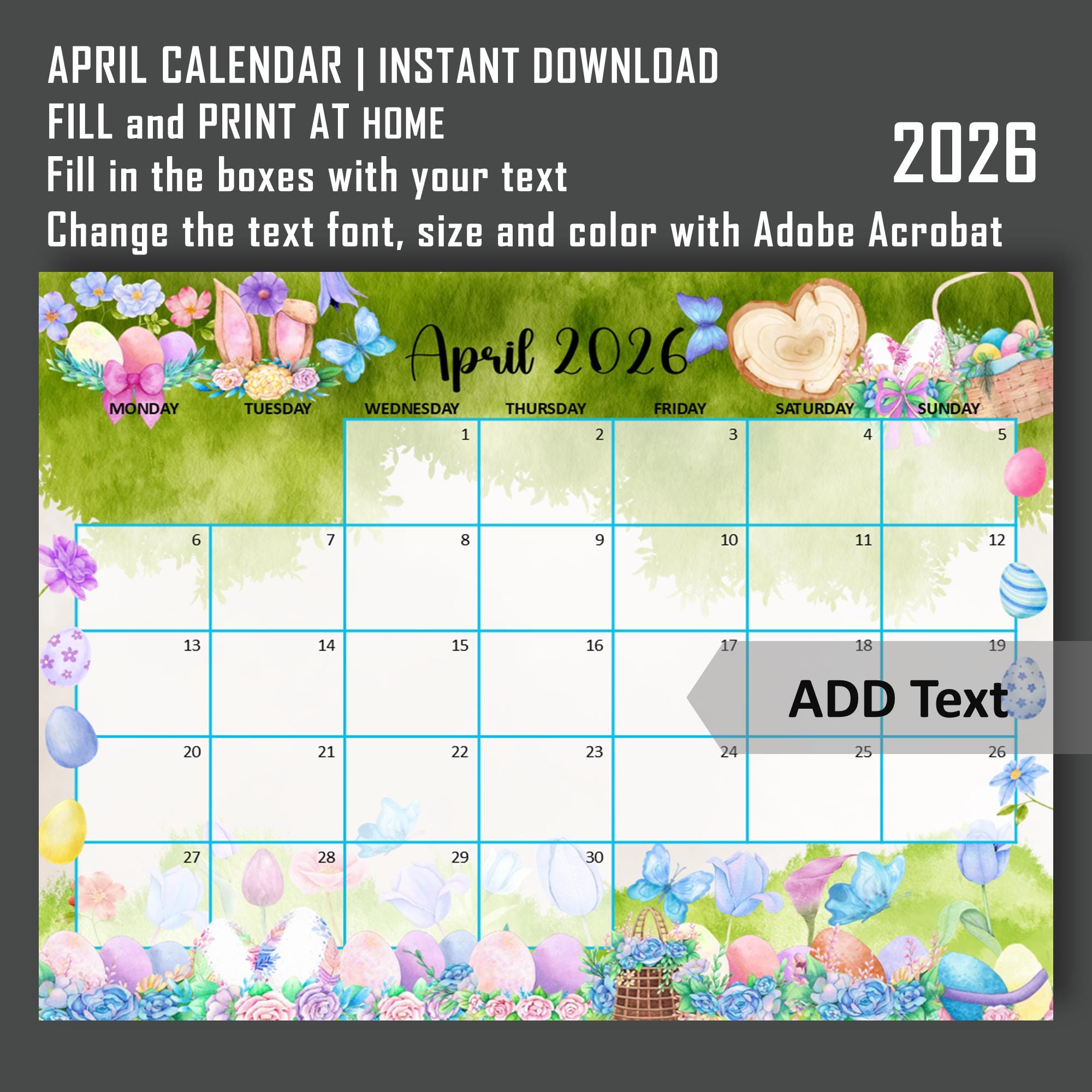 Editable April 2026 Calendar, Happy Easter W/ Colorful Eggs Calendar ...