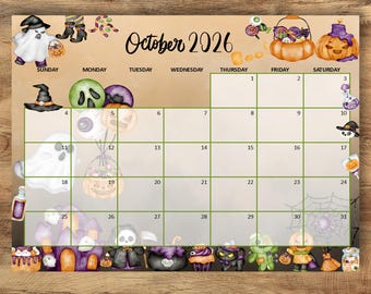 Calendrier d'Halloween d'octobre 2026 à imprimer, agenda citrouille fantôme aquarelle (téléchargement numérique)