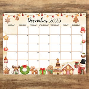 REDIGERBAR december 2025 julkalender, månadsschemakalender, decemberkalender 2025 barn skola läxor kontor, direktnedladdning