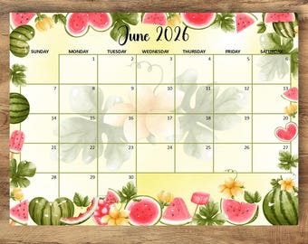 BEWERKBARE kalender juni 2026, leuke zomerwatermeloenplanner, afdrukbaar maandschema voor kinderen School thuiswerkkantoor, Instant Download
