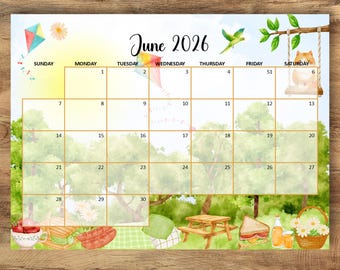 Calendrier juin 2026, Scènes de la nature estivales, pique-nique familial pour enfants, programme mensuel, téléchargement immédiat (PDF modifiable, imprimable)