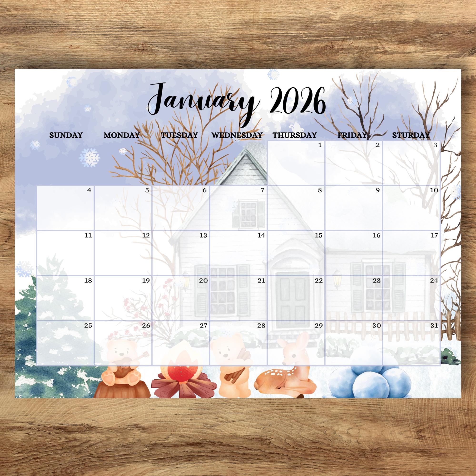 Bearbeitbarer befüllbarer Januar 2026-Kalender, druckbarer