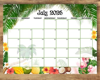 BEWERKBARE JULI 2026 Kalender, juli zomerkalender, afdrukbaar maandschema, Home Organizer, juli planner, wandkalender, Instant Download
