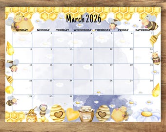 EDITABLE March 2026 Calendar, Cute Honey Bee Spring Calendar, Printable Monthly Schedule for Kids School Home Work Office, Instant Download