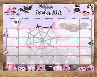 Calendrier d'Halloween d'octobre 2026 à imprimer, agenda fantôme gnome pastel (téléchargement numérique)