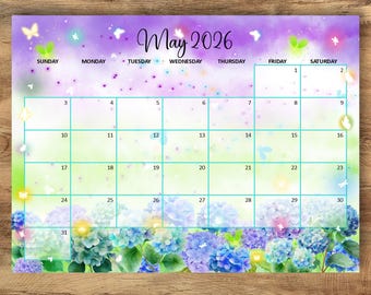 BEWERKBARE kalender mei 2026, kleurrijke lente met bloemen mei kalender, maandelijks planner schema voor thuis school werk kantoor, Instant Download