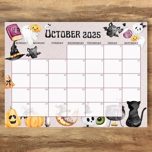 EDITABLE October 2025 Calendar, Cute Spooky Halloween Planner, Printable Monthly Calendar for Kids School Home Work Office, Instant Download
