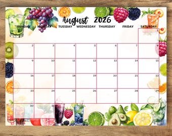 Bewerkbare kalender augustus 2026, planner zomer vers fruit, afdrukbaar maandschema, kalender augustus 2026, US Letter (digitale download)