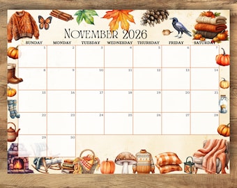 Calendrier d'automne novembre 2026, agenda à grille automnale chaleureuse (téléchargement numérique)