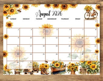 Kalender augustus 2026, maandelijkse planner zonnebloem, US Letter, bewerkbaar schema (digitale download)
