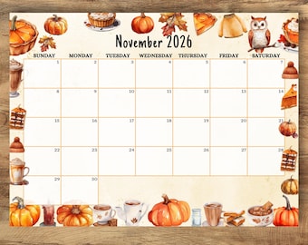 Calendrier d'automne de novembre 2026 à imprimer, décor hibou aquarelle citrouille épicée (PDF)