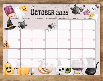 Calendrier d'Halloween modifiable pour octobre 2026, agenda mensuel effrayant (téléchargement numérique)