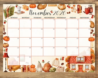 Calendrier d'automne novembre 2026, agenda citrouille aquarelle (téléchargement numérique)