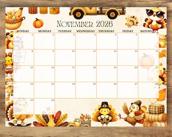 Calendrier de novembre 2025, agenda de Thanksgiving (téléchargement numérique)