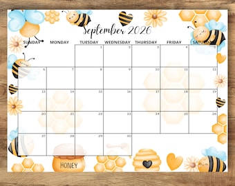 Calendrier de septembre 2026, agenda abeille, planning mensuel, salle de classe pour enfants (téléchargement instantané)