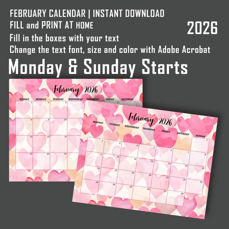 Rectangle Feb Calendar EDITABLE February 2026 Calendar, Cute Simple & Lovely Feb Calendar 2026 ...