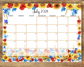 Bewerkbare kalender juli 2026, maandplanner afdrukbare pdf, zonnebloemkalender, zomerplanner, Work Office Home Organizer, Instant Download