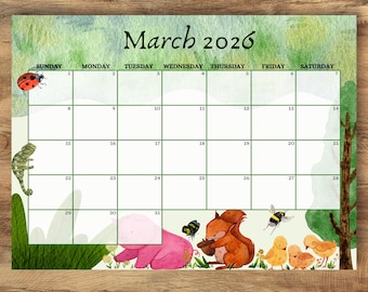 Calendário editável de março de 2026, lindo calendário de primavera de 2026, agenda mensal imprimível para crianças, escola, casa, trabalho e escritório, download instantâneo.