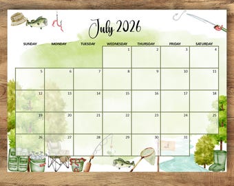 Kalender juli 2026 BEWERKBAAR, visreiskalender juli zomer, maandschema, kinderkalender juli, wandkalender juli, instant download