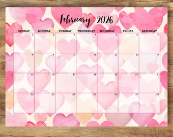 Calendario di febbraio 2026 modificabile, calendario di febbraio 2026 carino, semplice e adorabile, programma mensile per bambini, scuola domestica, lavoro, ufficio, download immediato