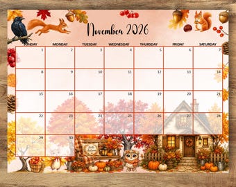 Kalender November 2026, Aquarell-Herbstwaldtiere, Gemütlicher Wandkalender im Cottagecore-Stil für den Herbst, Druckbarer Thanksgiving-Planer