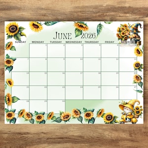 Calendario editable de junio de 2026, calendario de gnomo girasol, planificador de calendario escolar imprimible y rellenable, horario escolar para niños (descarga instantánea)