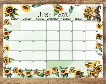 BEWERKBARE kalender juni 2026, zonnebloem kabouterkalender, afdrukbare invulbare klaskalenderplanner, kinderschoolschema direct downloaden