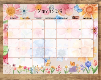 Calendario de marzo de 2026 editable, calendario floral de primavera, horario mensual imprimible para niños, escuela, hogar, tareas, oficina, descarga instantánea.