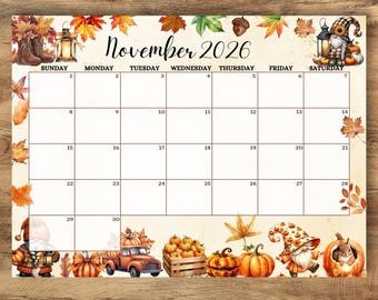 Calendrier de novembre 2026 avec gnomes d'automne, insert pour agenda feuilles d'automne (téléchargement numérique)
