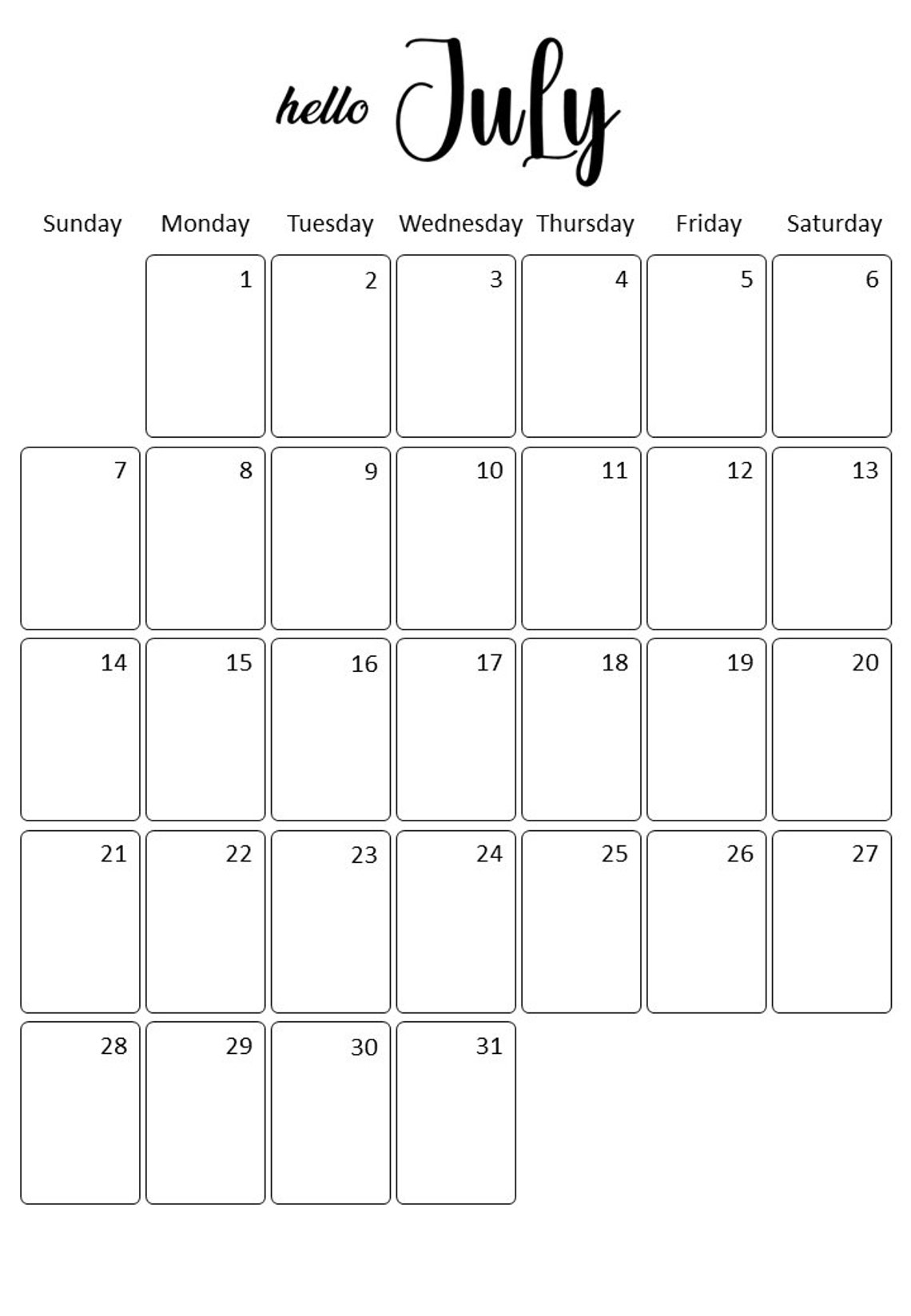 Simple July Calendar Simple July Calendar